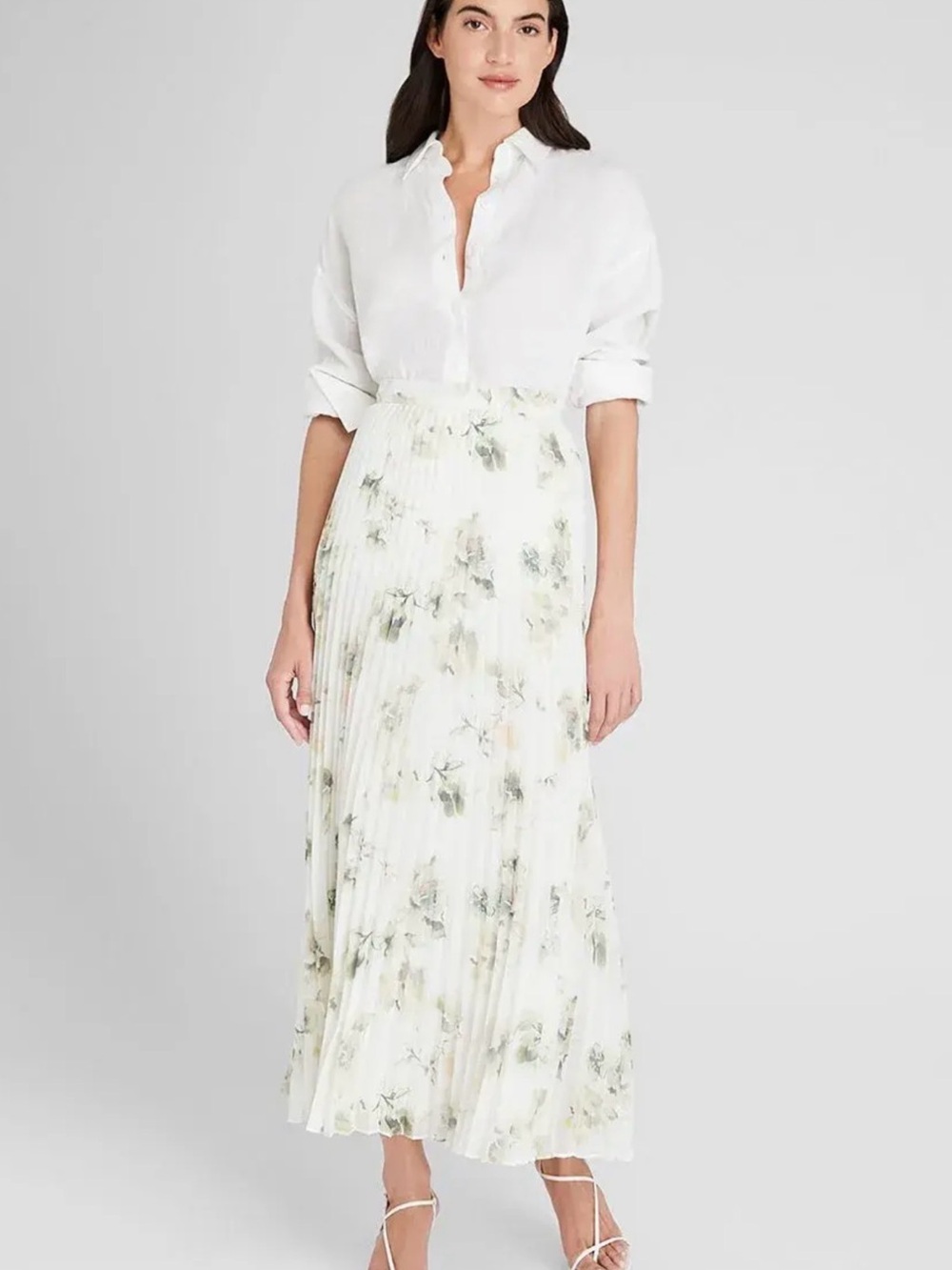 Club Monaco White Maxi Skirt with Soft Green Floral Print
